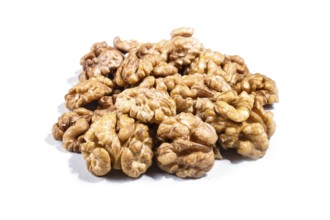 Pile of walnuts isolated on white background. Closeup