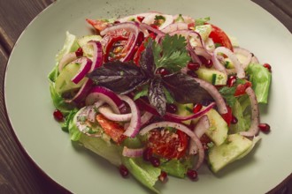 Georgian vegetable salad, tomatoes with cucumbers, red onion, walnut, pomegranate seeds, top view,