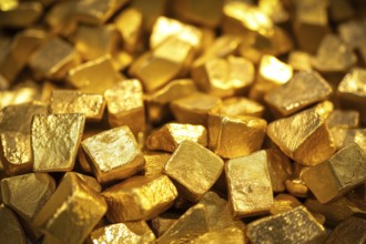 Pile of shiny glittering golden nuggets close up, AI generated