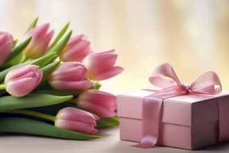 Gift Box with Pink Ribbon Beside bouquet of Fresh Tulips on Bokeh Background. Good for Valentine