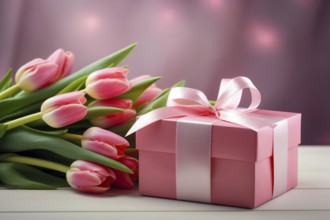 Gift Box with Pink Ribbon Beside bouquet of Fresh Tulips on Bokeh Background. Good for Valentine