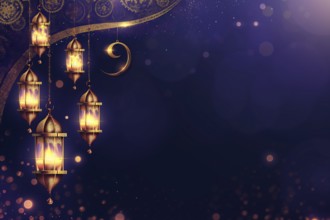 The essence of Ramadan with golden lanterns illuminating the dark night, adorned by a crescent moon