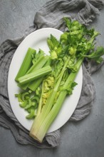 Fresh bunch of celery, top view, no people