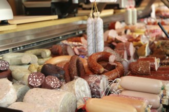 Sausage counter in a butcher's shop