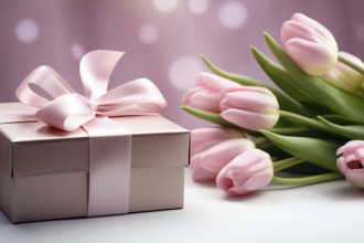 Gift Box with Pink Ribbon Beside bouquet of Fresh Tulips on Bokeh Background. Good for Valentine