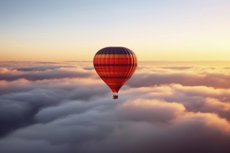 Colorful hot air balloon floats over a sea of clouds at sunset at sunset with orange and blue skies