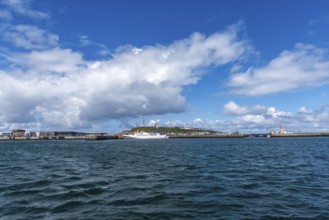 View from south-east to harbour facilities, Unterland and Oberland, offshore island Helgoland,