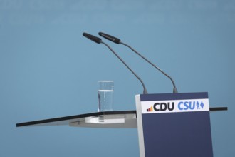 Lectern in the Konrad Adenauer Haus, taken during a press conference after the joint meeting of the