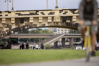 Partially collapsed Carola Bridge, seen through the Augustus Bridge in Dresden, 11/09/2024