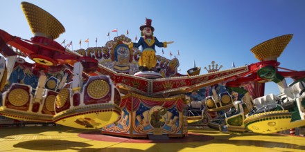 Empty fairground shop Circus Circus in the morning with blue sky, Cranger Kirmes, Herne, Ruhr area,