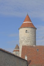 Krugsturm with historic town wall and Hertelsturm, round defence defence tower, two, towers,