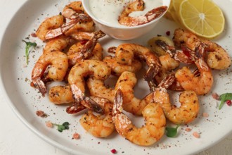 Fried shrimp, headless, with spices, grilled, homemade, no people