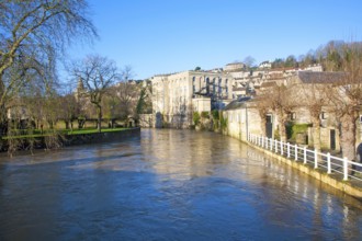 Historic buildings and River Avon, Bradford on Avon, Wiltshire, England, United Kingdom, Europe