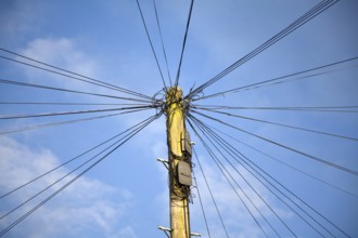 Telephone line cables radiating out fro telegraph pole against blue sky, UK