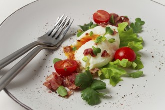 Poached egg, with bacon and vegetables, breakfast, homemade