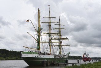 Sailing ship, barque, tall ship Alexander von Humboldt II sailing in the Kiel Canal,