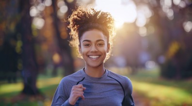 A woman runner running and jogging in a park. Active lifestyle, training for endurance, AI