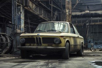 An old, weathered and dusty vintage car, wreck, of the type BMW from the 02 series stands in an old