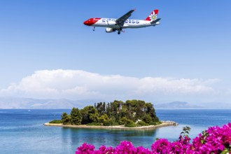 An Edelweiss Airbus A320 aircraft with the registration HB-JJK at Corfu Airport, Greece, Europe