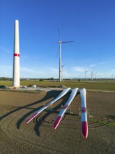 Wind farm near Bad Wünnenberg, construction site, storage area for a new wind turbine, components