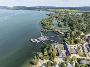 Aerial view of the pile dwellings, Lake Dwelling Museum, Open Air Museum Unteruhldingen,