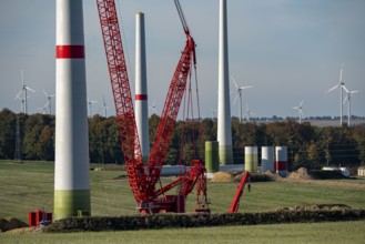 Assembly of a wind turbine, the last rotor blade is being mounted, mobile crane, wind turbine from