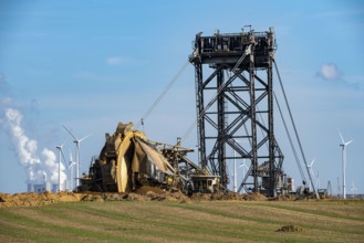 Opencast lignite mine Garzweiler II, bucket wheel excavator dredging, at the edge of the opencast