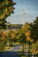 Wind farm near Lichtenau, federal road B68, wind turbines, autumn, North Rhine-Westphalia, Germany,