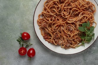 Spaghetti bolognese, in a frying pan, top view, homemade, no people