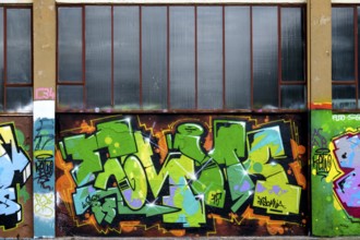 Colourful graffiti in shades of green and orange below windows, Landau, Rhineland-Palatinate,