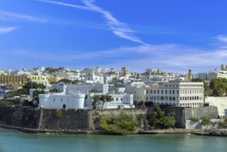 Puerto Rico, aerial view of San Juan colorful colonial historic center from San Juan Bay, North