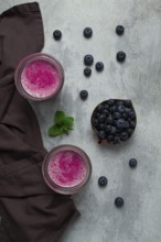 Smoothie, drink, in glass glasses, blueberry, homemade, breakfast, top view, no people