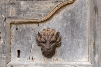 Weathered wooden door with a metal lion's head as decoration, rustic and antique atmosphere,