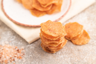 Slices of dehydrated salted meat chips with herbs and spices on gray concrete background and white