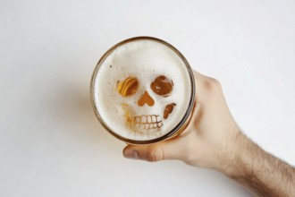 Top view of man's hand holding beer mug with skull shape in foam on white background. Concept for