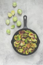 Roasted brussels sprouts, with bacon, vegetarian food, homemade, no people