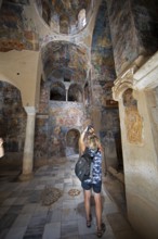 Church frescoes in the Byzantine ruined city of Mystras or Mistra on the Taygetos Mountains, UNESCO