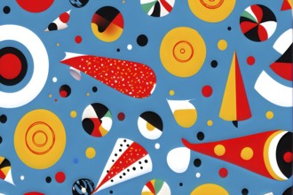 Playful, abstract illustration features a seamless pattern of whimsical hand-drawn shapes and icons