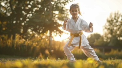 Young children practice martial art in kimono and developing karate and kong fu strength., AI