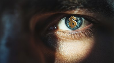 Close up of an eye with dollar sign in retina. Concept of earnings and market gains., AI generated