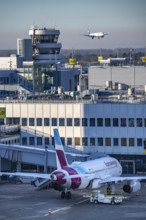 Eurowings Airbus at Terminal A, aircraft approaching, at Düsseldorf Airport, DUS North