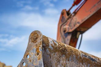 Close up of large shovel of bucket tractor. KI generiert, generiert, AI generated