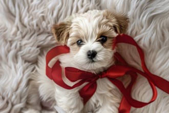 Cute dog puppy with red christmas gift ribbon around neck. Generative Ai, AI generated