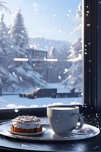 Coffee cup on a plate by a snow covered window creating a cozy winter feeling, AI generated