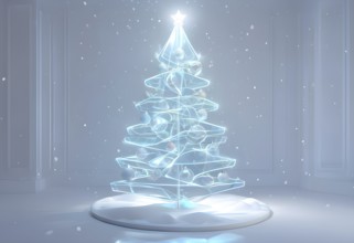 A three dimensional rendering of a futuristic Christmas tree made of glowing, semi-transparent