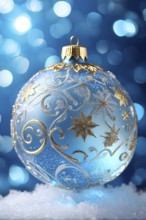 Close up of a blue frosted Christmas ornament, detailed with tiny ice crystals, delicate carvings,