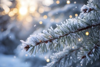 Frost-covered pine branches with delicate snowflakes in soft light, AI generated