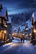 Snow-covered village street at dusk with glowing Christmas lights, AI generated