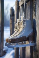 Pair of vintage ice skates hanging by their laces on an old wooden fence with frost and snow gently