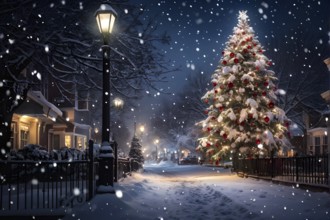 Christmas Eve with snowflakes fall under the light of a streetlamp with a decorated tree in the